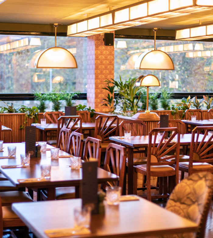 A cozy, well-lit restaurant interior with wooden tables and chairs, set with glasses and menus. Green plants line the windows, and dome-shaped pendant lights hang from the ceiling, creating a warm atmosphere.